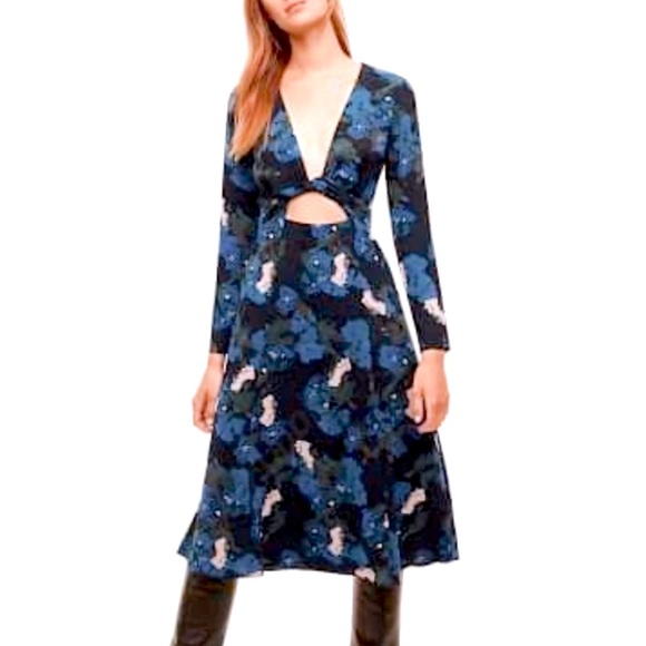 WILFRED Aritzia Floral Aubagne Cut Out Tie Front Dress Black w/ Cream Blue - Picture 3 of 14